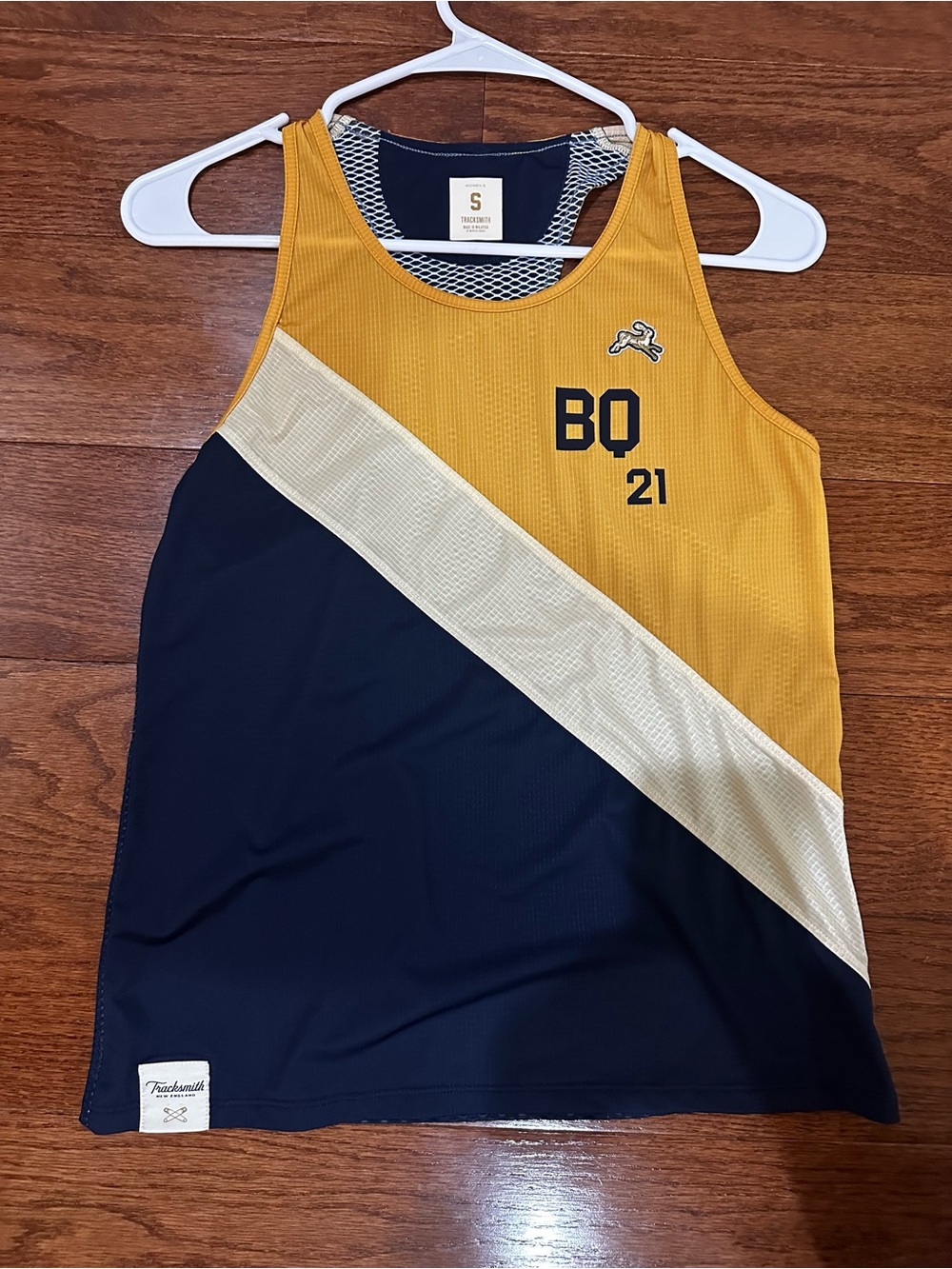 Tracksmith Mustard Gold and Navy Athletic Tank Top